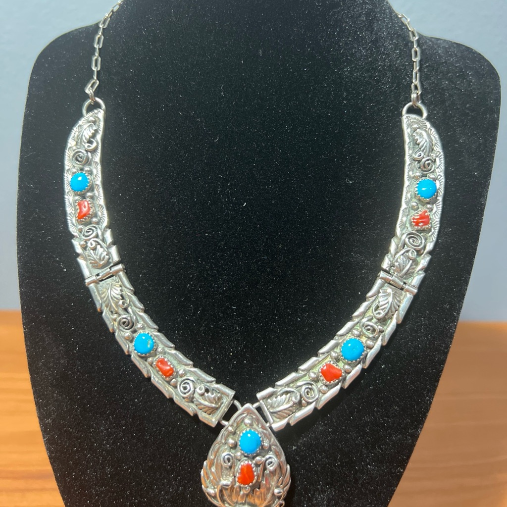 Vtg Navajo .925 Sterling Turquoise Coral Stone Floral Leaf Necklace Signed Ic